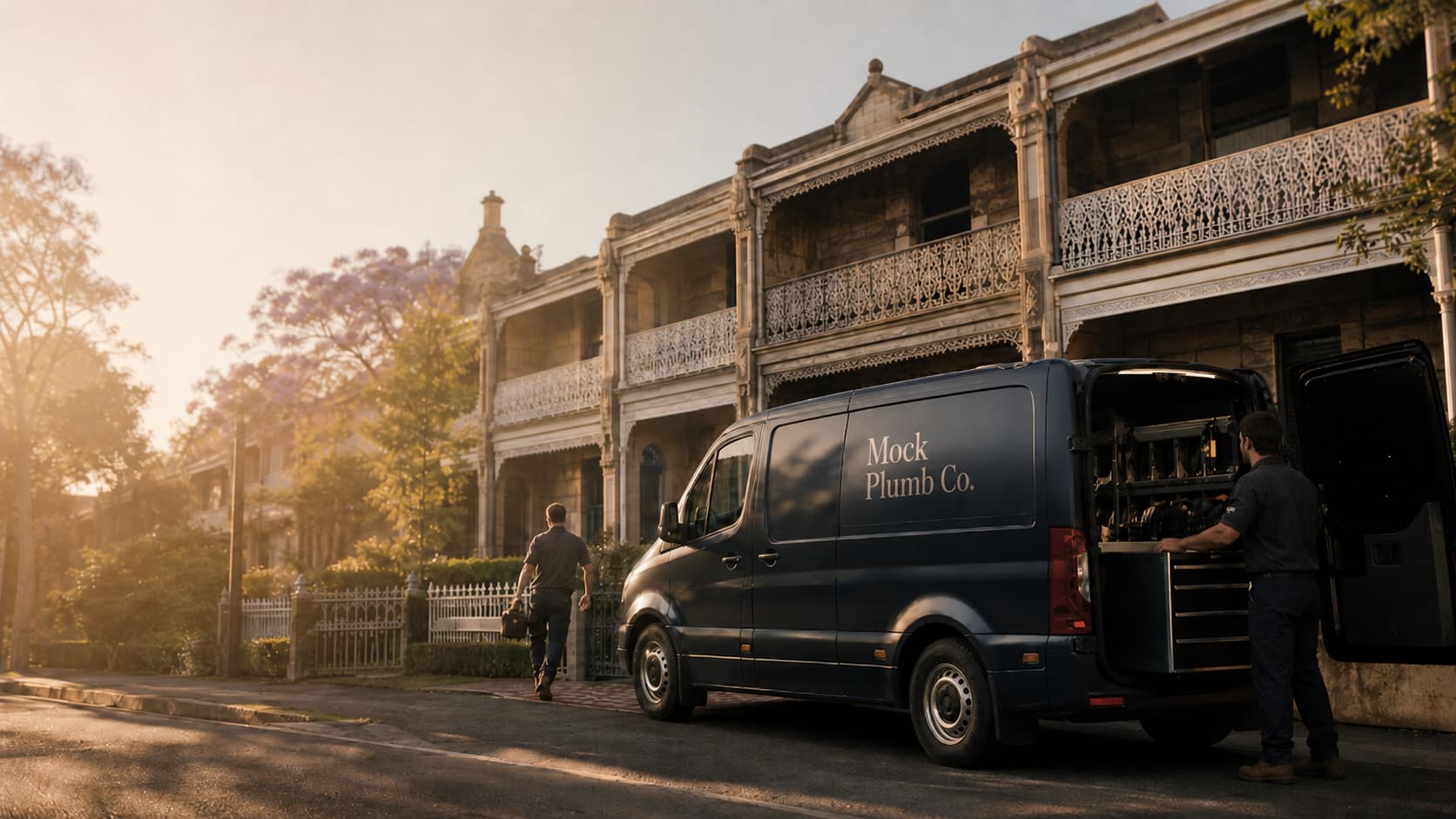 Mock Plumb Co. team arriving at a Sydney terrace