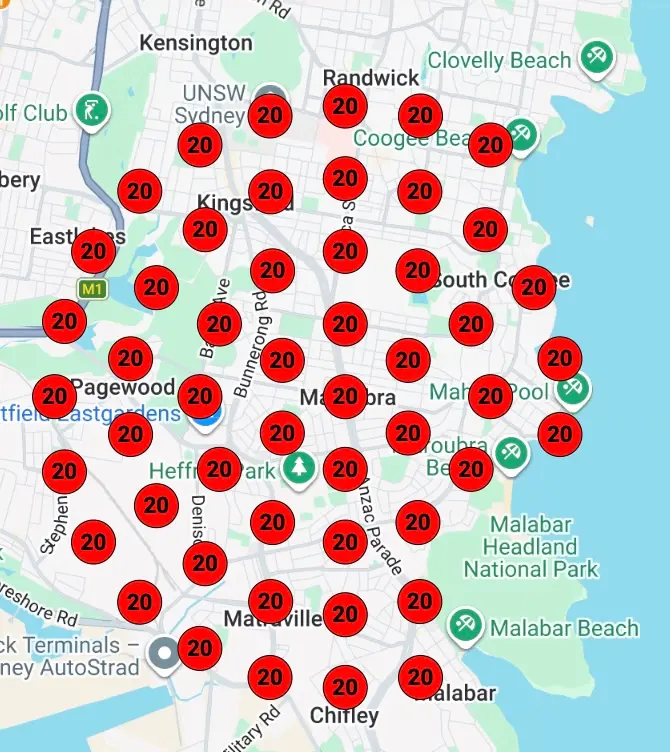 Before map scan: each of the 51 local points is marked 20, meaning the business was not found in the first 20 Google Maps results for blocked drains.