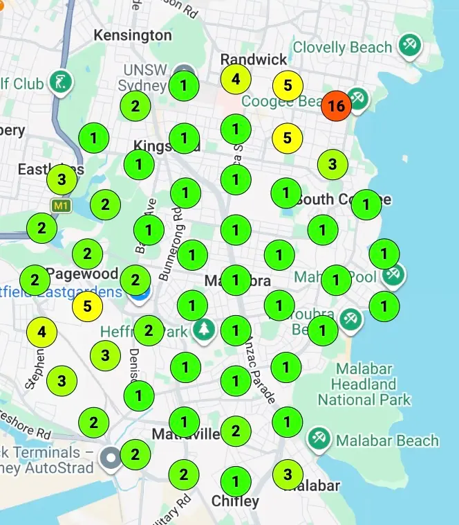 Map scan 23 days later: the same 51 local points, now almost all green top-three results for blocked drains.