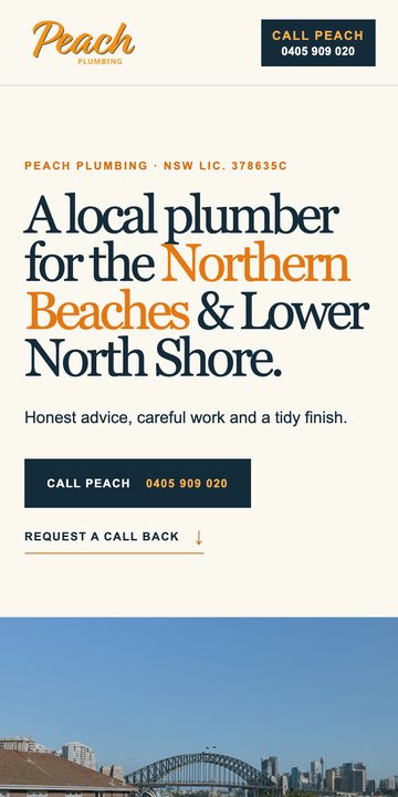 Peach Plumbing homepage on a phone