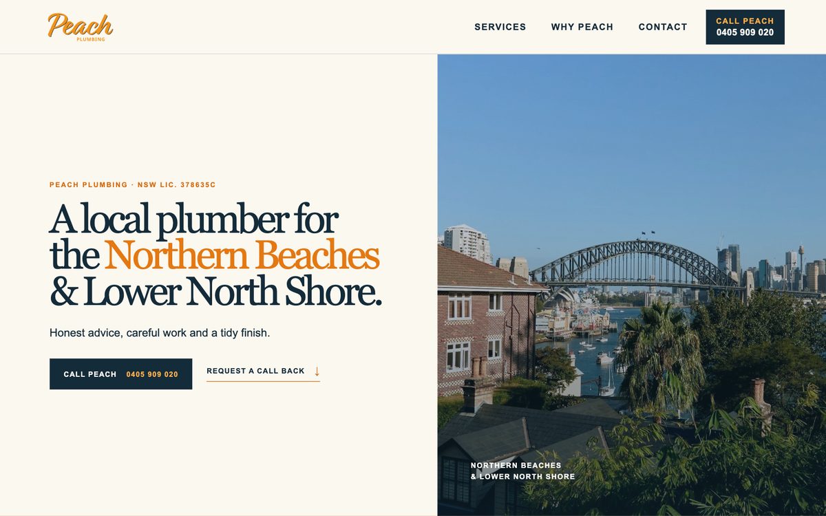 Peach Plumbing website homepage on a desktop screen